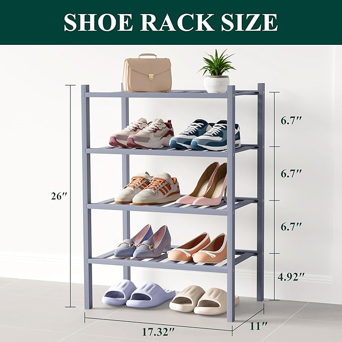 Smiry Bamboo Shoe Rack for Closet, 4 Tier Small Wooden Stackable Shoe Organizer, Free Standing Shoes Storage Shelf for Entryway, Front Door Entrance, Grey