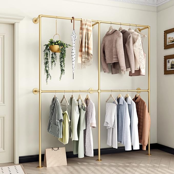 Gold Pipe Clothing Racks Wall Mount Gold Clothes Rack, Heavy Duty Industrial Pipe Clothes Racks Retail Display Hanging Rod for Closet Storage, Laundry Room