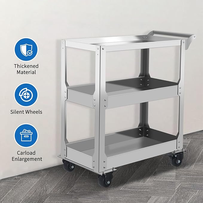 3-Tier Stainless Steel Utility Cart, 1000lbs Capacity with 360° Locking Casters, Heavy-Duty Rolling Cart for Garage, Workshop, Warehouse & Kitchen - Silver