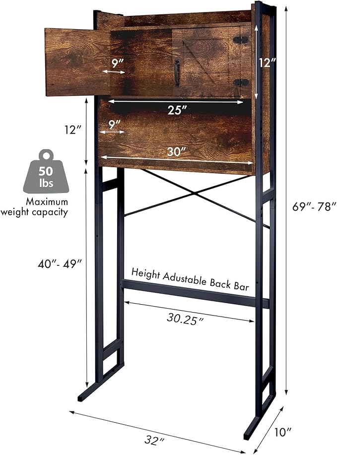 Over The Washer or Over The Toilet Storage Cabinet w/Height Adjustable Shelf Laundry Room/Bathroom Organizer Rack, 2-Door Freestanding Rack Space Saver, Wood