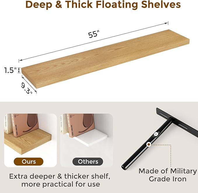 Fun Memories 55Inch Floating Shelves for Wall 1 Pack Shelves for Bedroom|Kitchen|Bathroom Wall Mounted Rustic Wood Floating Shelf with Invisible Brackets for Books|Storage|Decor, Oak