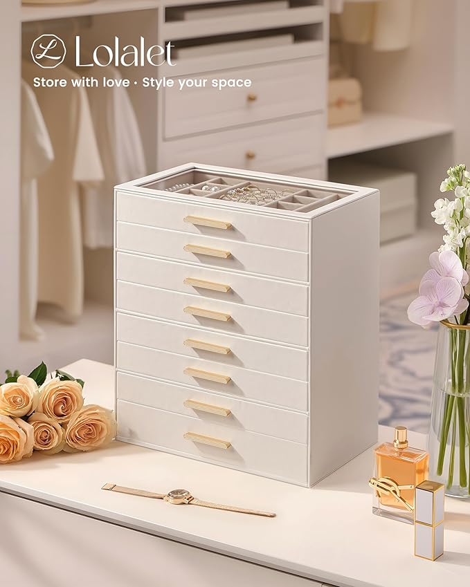Lolalet Jewelry Box Organizer, 8-Layer Jewelry Organizers and Storage Case with Glass Lid, Ring Earring Bracelet Necklace Holder Organizer, Birthday Christmas Gifts for Women Girls -8Layer, Beige