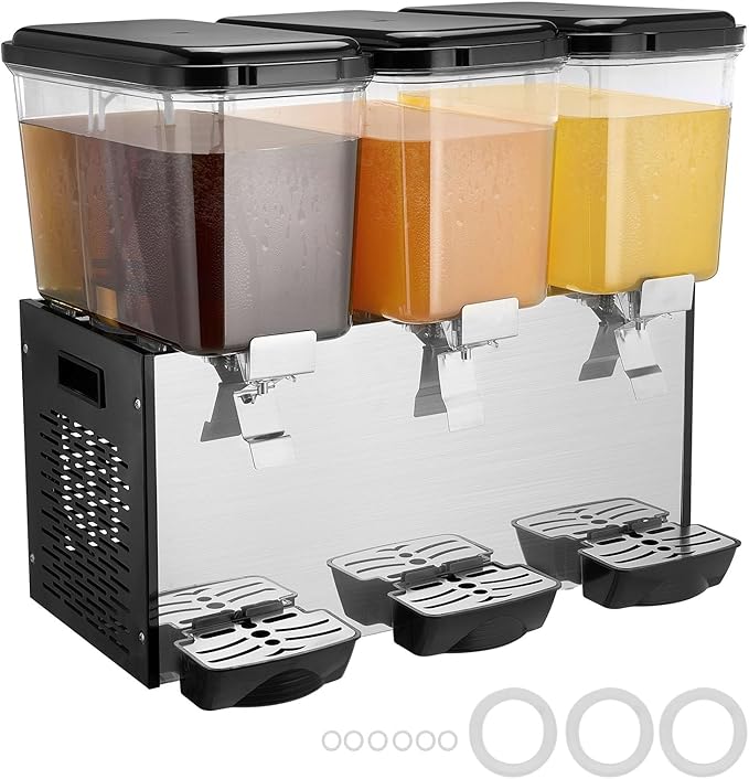 VEVOR Commercial Beverage Dispenser, 3 Tanks 18 L / 19 QT Per Tank Juice Dispenser, 512W Stainless Steel Ice Tea Drink Machine with 45°F-54°F Cooling Temperature, for Cold Drink Restaurant Bar Party
