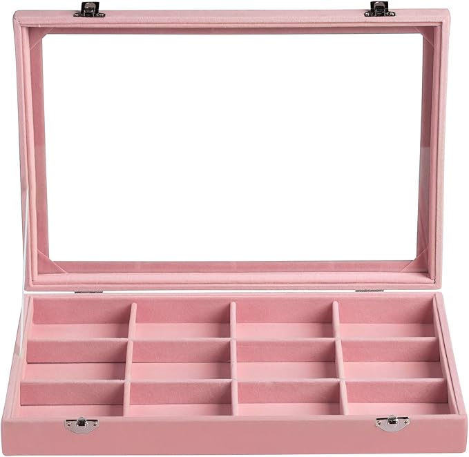 Frebeauty Velvet Jewelry Tray,12 Grid Jewelry Organizer with Clear Lid,Bracelets Holder,Jewelry Display Case with Clasp,Drawer Insert Bangle Brooch,13.8 x 9.5 x 2 Inches,Gift for Women Girls(Pink)