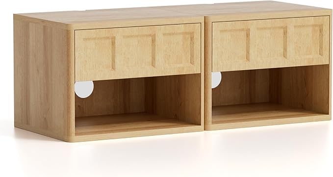 Farmhouse Floating nightstands Set of 2, Small Wall Mounted Storage Cabinet with Open Shelf, Wood Bedside End Table for Bedroom, Living Room, Natural Oak