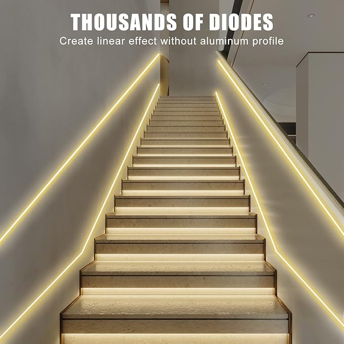 32.8ft 3000K Bright COB LED Strip Light, Dimmable, Warm White, Indoor, RF Remote, Adhesive, for Living Room, Shelf, Cabinet, Kitchen, 2 Rolls of 16.4ft