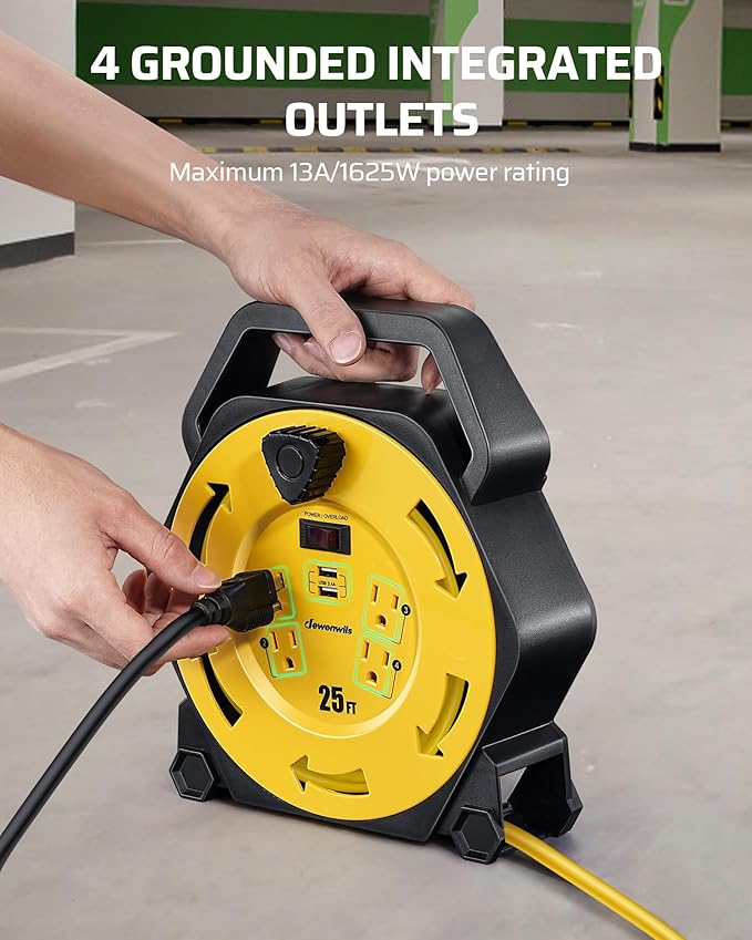 DEWENWILS Cord Reel with 4 Power Outlets, 2-USB Ports(3.4A Fast Charge), 25FT Retractable Extension Cord Reel, Heavy Duty SJTW 16/3 Cable, 13A Circuit Breaker, Hand Wind, UL Listed