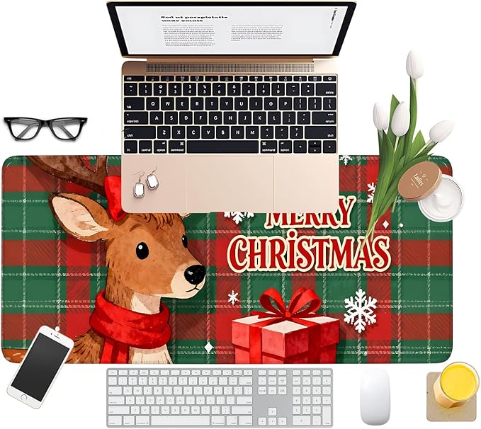 Merry Christmas-Elk Gaming Mouse Pad 31.5"x11.8"Desk Mat Anti-Slip Rubber Base & Durable Stitched Edges for Gamers Smooth Mouse Writing Surface for Desk Office/Home
