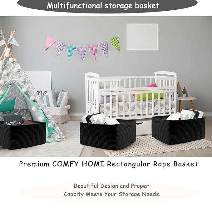 COMFY-HOMI Cotton Rope Woven Basket with Handles for Shelves,Toys,Book, Cloth Storage Baskets Bin for Organizing- 1 PCSToy Decorative Organizer for Living Room, Bathroom 17" x 13" x 7.5" - All Black