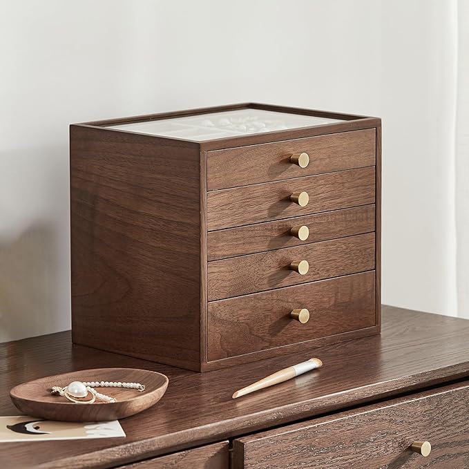 Black Walnut Wooden Jewelry Box Women large 5 Layer Drawer Wood Organizer Box with Glass Lid for Necklaces, Watch, Necklace, Ring, Earring Storage - Christmas Gifts