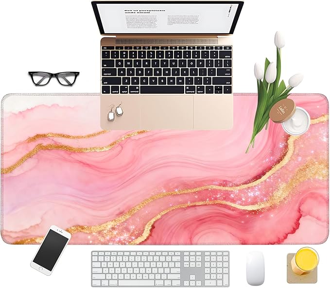 Pink and Gold Stripes Gaming Mouse Pad 35.4"x15.7"Desk Mat Anti-Slip Rubber Base & Durable Stitched Edges for Gamers Smooth Mouse Writing Surface for Desk Office/Home