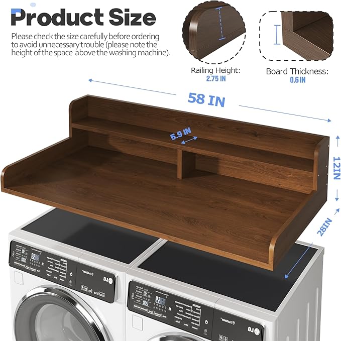 2-Tier Washer and Dryer Countertop with 2.75" H Guard,58" W x 28" D Laundry Countertop Cover with Non-Slip Pad,Large Space Laundry Topper for Folding Clothes Over Washer and Dryer-Brown