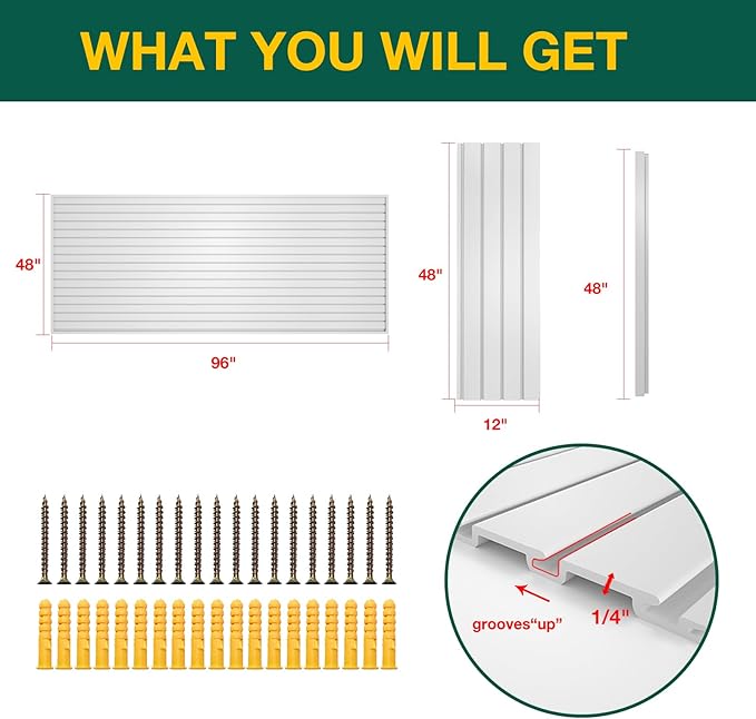 Yuzzy Slat Wall Paneling 4 x 8ft, Garage Slatwall Panel Wall Storage Systems, Heavy Duty PVC Garage Wall Organization (White)
