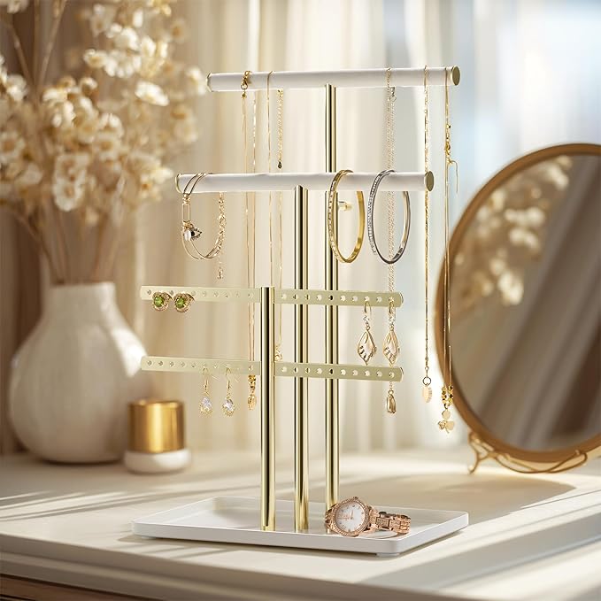 pickpiff Jewelry Holder Organizer with Velvet, Adjustable 10"-17" Tall, Metal Stand for Display Bracelet, Necklace, Earrings, Rings, White and Gold