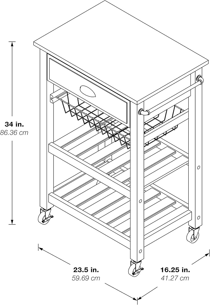 OSP Home Furnishings Hampton Kitchen Cart with Wood Top, Utensil Drawer, Under Cabinet Basket, and 2 Slatted Shelves, White Base