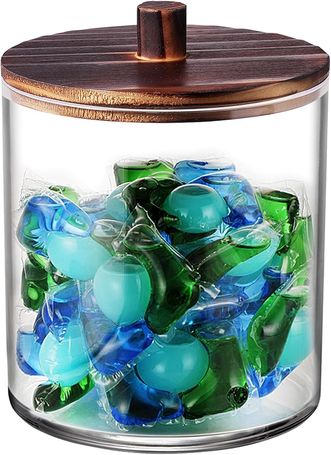 SheeChung 1 Pack 50 Oz Large Apothecary Jar with Wood Lid, Laundry Pods Container, Storage Jars for Bathroom Organization, Plastic Canisters with Cute Stickers Spoons(Dark Brown)