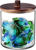 SheeChung 1 Pack 50 Oz Large Apothecary Jar with Wood Lid, Laundry Pods Container, Storage Jars for Bathroom Organization, Plastic Canisters with Cute Stickers Spoons(Dark Brown)