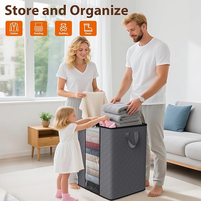 SpaceWhisper 3 Pack 100L Clothes Storage, Foldable Thick Fabric Blanket Storage Bags, Containers for Organizing Bedroom, Closet, Clothing, Comforter,Closet Organization with Handle,Grey