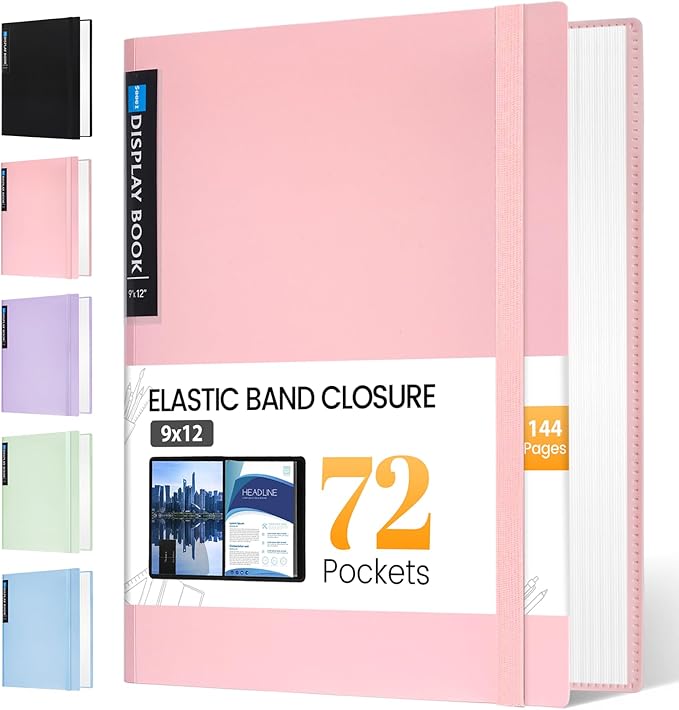 Sooez Art Portfolio 9"x12", 72 Pockets Large Portfolio Folder Display 144 Pages, Heavy Duty Binder with Plastic Sleeves&Elastic Band, Presentation Book with Clear Sheet Protector for Artwork Organizer