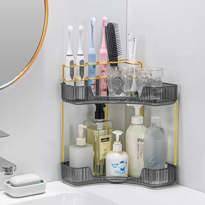 Upgraded 2-Tier Corner Bathroom Countertop Organizer – Spacious Storage for Makeup, Skincare & Perfumes, Built-in Brush Holder Fits Vanity/Dresser/Bsthtub (Slate Gray)