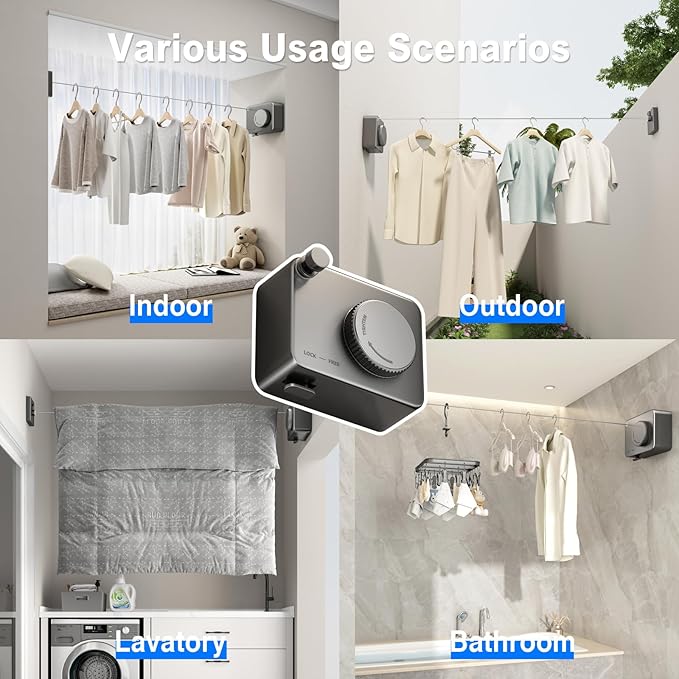 Retractable Clothesline Indoor, Non-Sagging Outdoor Clothes Line Retracting Heavy Duty Clothes Drying Laundry Line Wall Mounted Stainless Steel Line-13.8 Feets(Gray)