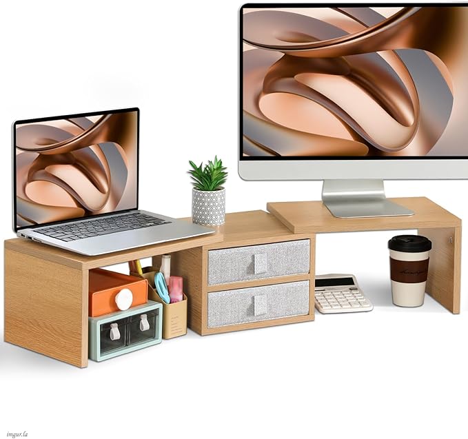 TEAMIX 42 inch Dual Monitor Stand Riser with 2 Drawers- Length and Angle Adjustable 3 Shelf Riser with Storage Desk Organizer Computer Monitor Stand for 2 Monitors/Laptop/PC,Screen/TV Stand Riser