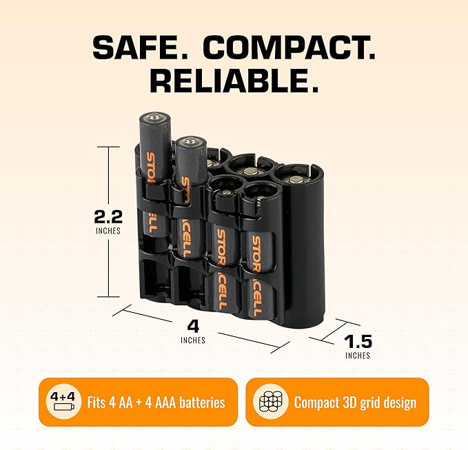 Storacell AA + AAA Combo Battery Storage Caddy and Dispenser, Black, Holds 4 AA + 4 AAA Batteries (Not Included), Durable & Compact Design, The Original Battery Caddy, Made in The USA