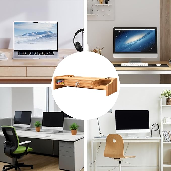 Monitor Stand Riser - Desktop Organizer with Drawer Organization, Durable Design with Multi-Use Function, Computer Monitor Riser for Laptop, Printer, TV, Storage, Dorm, 19.21 Inch