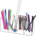 Uniclife Clear Acrylic Pen Holder for Desk, Plastic Pencil Holder Pen Organizer with 4 Compartments, Desktop Stationery Organizer for Office Home School, Vertical Makeup Brush Holder, 9" x 3" x 4"