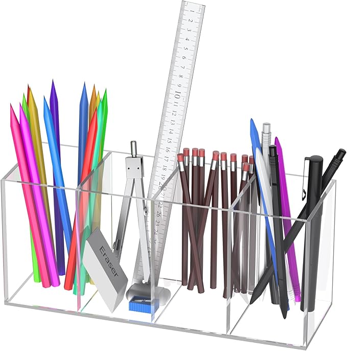 Uniclife Clear Acrylic Pen Holder for Desk, Plastic Pencil Holder Pen Organizer with 4 Compartments, Desktop Stationery Organizer for Office Home School, Vertical Makeup Brush Holder, 9" x 3" x 4"