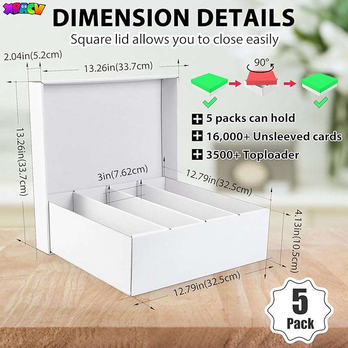 5 Pack Toploader Trading Card Storage Box, 4 Row 3200 Count White Cardboard Storage Box for Basketball/MTG/TCG/Sports/Game Cards Organizer and Collection