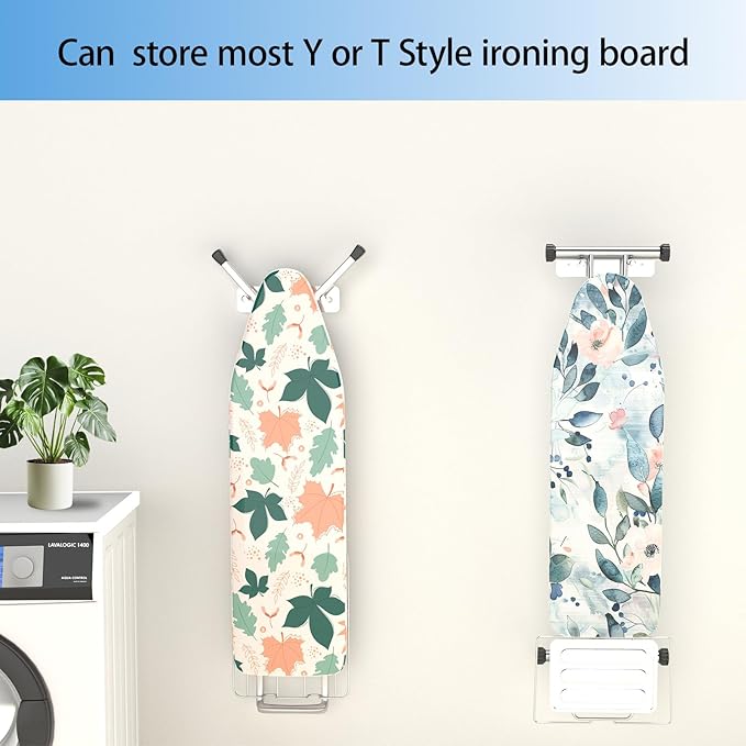 Ironing Board Holder Wall Mount, Ironing Board Hanger for Y or T Shaped, Laundry Rooms Stainless Steel Iron Board Hook with Adjustable Hooks