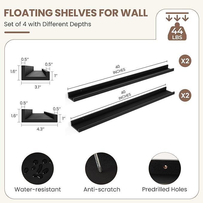 Fun Memories Picture Ledge Shelf, Black Floating Shelves Set of 4, 40 Inch Picture Shelves for Wall with Ledge, Large Nursery Book Shelf for Toys Storage, Living Room, Bedroom Decor Frames