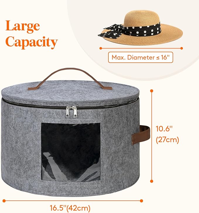 Lifewit Round Cowboy Hat Box for 7 Caps, Large Felt Hat Organizer Bag for Men & Women Storage, Baseball Cap Container with Dustproof Lid for Travel, Foldable 16.5" D x 10.6" H Carrier, 2 Pack, Gray