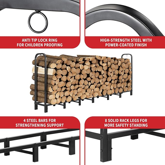 8FT Firewood Rack Outdoor with Cover, Heavy Duty Adjustable Firewood log Storage & Holder, Wood Pile Lumber Storage Rack Stacking Outside for Courtyard Patio.