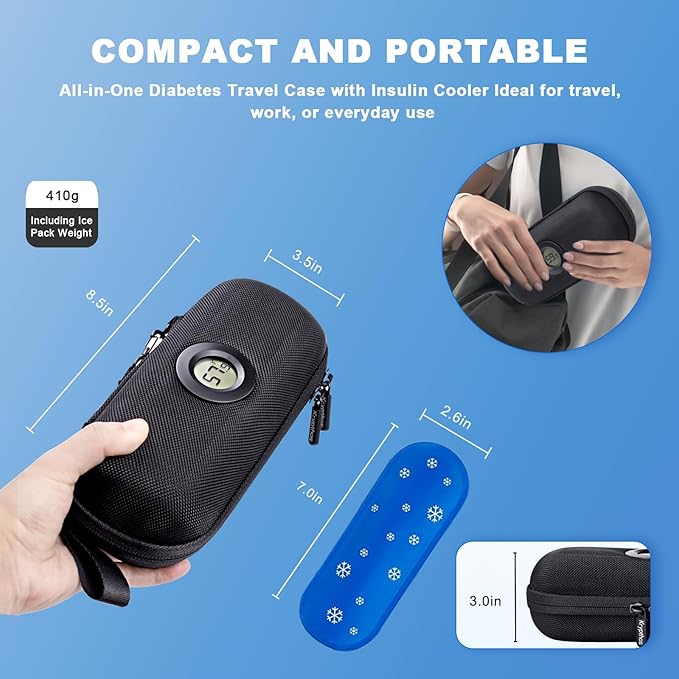 Krypthos Insulin Cooler Travel Case with Thermometer Temperature Display for Diabetic Care Storage, Refrigerated Medicine Organizer Bag with 2 TSA Approved Medication Cooler Ice Pack for Daily Trip