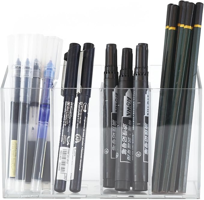Acrylic Desk Organizer with Removable Dividers 4 Compartments, Clear Pen Holder Makeup Brush Holder