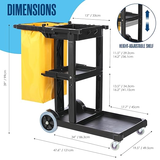 Houseables Cleaning Cart, Janitorial Cart, Cleaning Caddy with Wheels, for Housekeeping, Janitor, Custodian, House Keeping, Maintenance, Rolling Supply Organizer, Custodial, Maid, Commercial, 440 LB