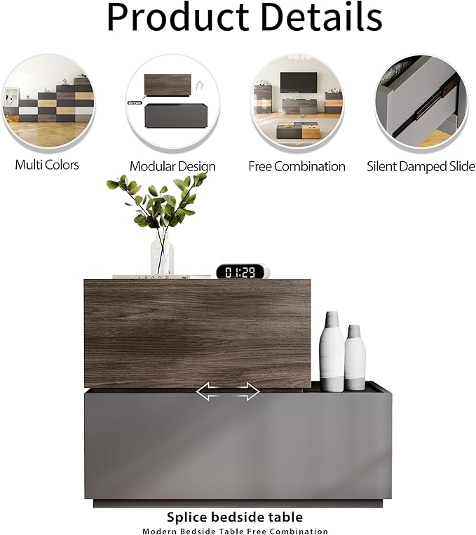 Modular Stackable Drawers, Modern Nightstand Modular Storage Bins - Storage Cabinet, Bedside Table, Sofa End Table for Living Room Hallway Entryway Grey Small Set 1