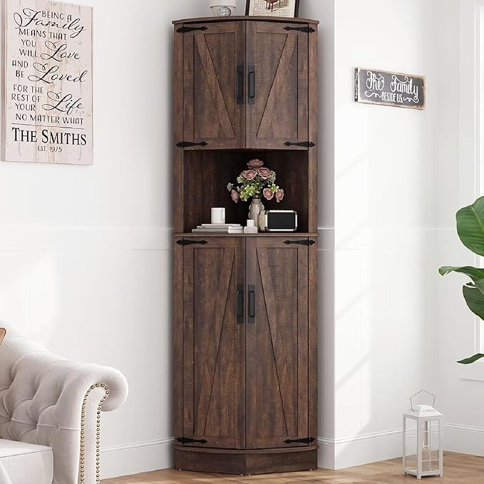 68" Tall Farmhouse Corner Cabinet, Dining Room Storage Cabinet with 4 Barn Doors and 5 Adjustable Shelves, Brown