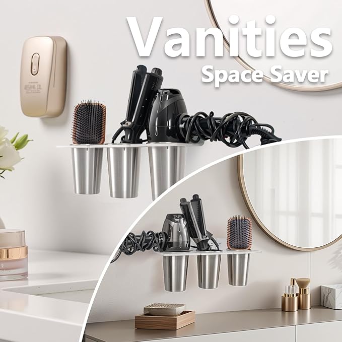 Hair Tool Organizer Wall Mount, White Hair Dryer Holder Acrylic and 3 Cup, Hair Tool Holder for Hair Curling Storage, Curling Iron Organizer, Blow Dryer Storage for Vanity Bathroom