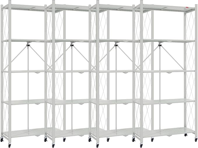 DEANIC 5 Tier Foldable Storage Shelves with Wheels, Large Capacity Shelving Unit, Freestanding Metal Wire Shelf Rack, No Assembly Organizer Rack for Garage Kitchen, Basement, Pantry(Grey Pack of 4)