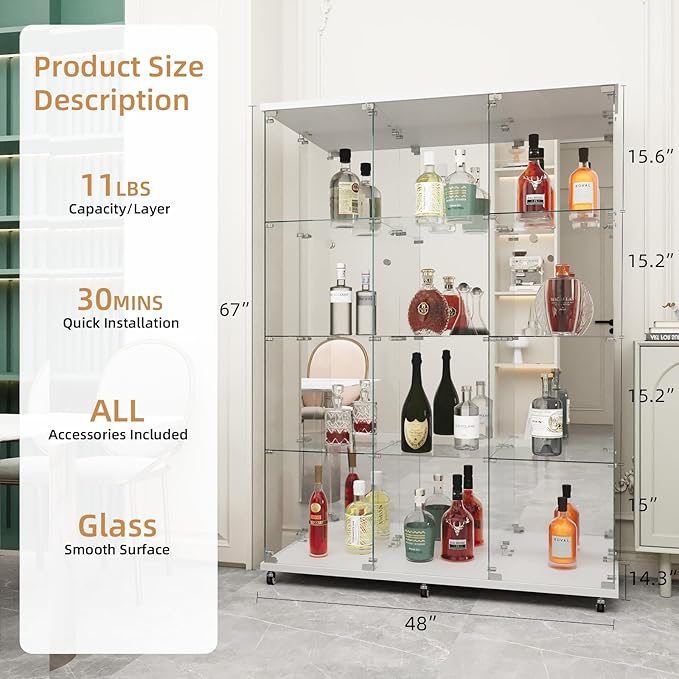 Beauty4U Glass Display Cabinet with Mirror Back Panel, 12 Shelves with 3 Columns, 2 Doors Curio Cabinets for Living Room, Bedroom, Office, White Floor Standing Glass Bookshelf, Quick Installation