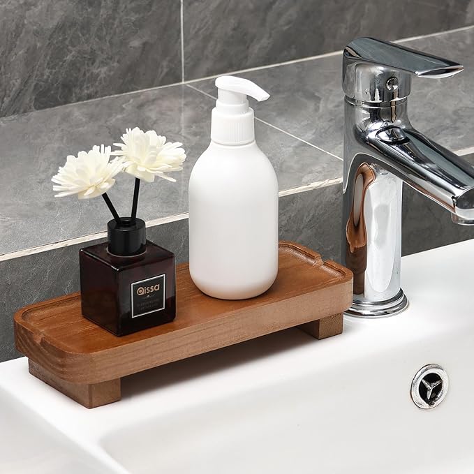 Wood Riser Small Decorative Tray Sink Soap Dish, Vanity Tray Pedestal Stand 8.7 x 3.6 inches (Light Brown)