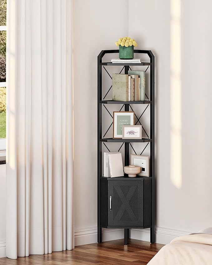 62.2" Corner Shelf with Cabinet, 4-Tier Tall Corner Bookshelf with X-Shaped and Diamond Design, for Living Room, Bedroom, Bathroom Storage, Black