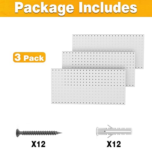 Pegboard Smith Metal Pegboard Panels 12" x 24", 3 Pack Grey Wall Mounted Tool Organizer Boards, Heavy Duty Tool Storage Peg Board for Garage, Workbench, Office, Fits 1/4" Peg Hooks