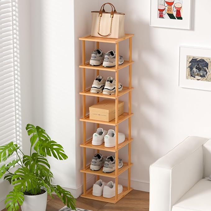 Bamboo Free Standing Shoe Rack Shelf Multi Tier Tall Wooden Stackable Shoes Rack Organizer for Closet Front Door Entrance Narrow Vertical Shoe Storage Rack for Corner Stand (Nature, 7 Tiers)