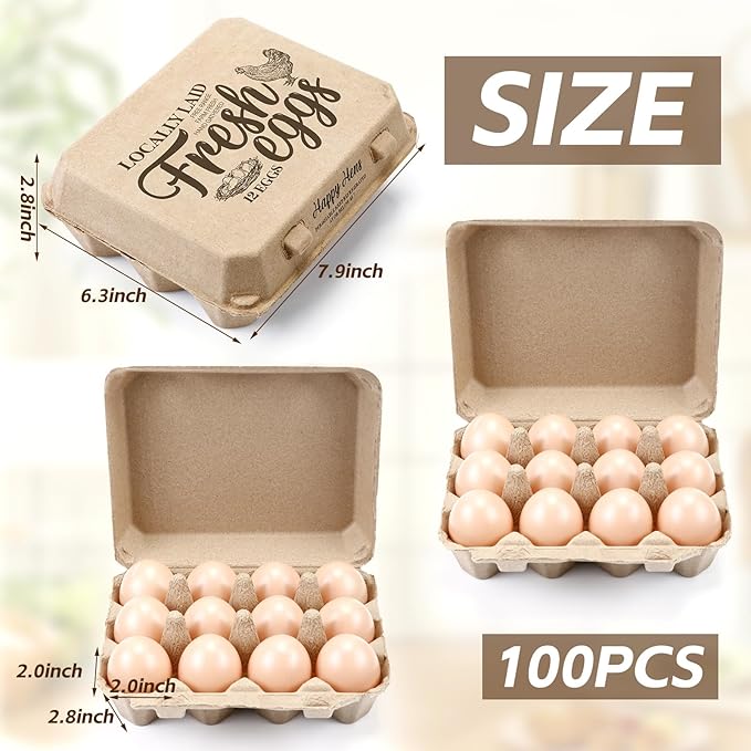Zhanmai 100 Pack Egg Carton Bulk 12 Chicken Duck Egg Carton Vintage Printed Farm Fresh Crate with 3 x 4 Holds Recycled Paper Cardboard Sturdy Reusable Box Holder(Retro Style)