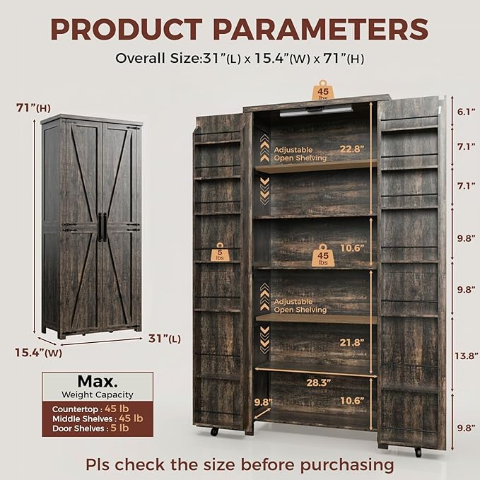 Farmhouse Kitchen Pantry Cabinet, 72" Tall Storage Cabinet with Adjustable Shelves，Farmhouse LED Food Storage with 2 Barn Doors for Kitchen, Dining Room, Living Room