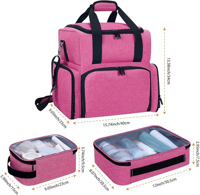 Large Makeup Cosmetic Bag with 3 Removable Case and 2 Removable Dividers Double Layer Travel Storage Organizer, Makeup Brushes Storage Section Rose Red